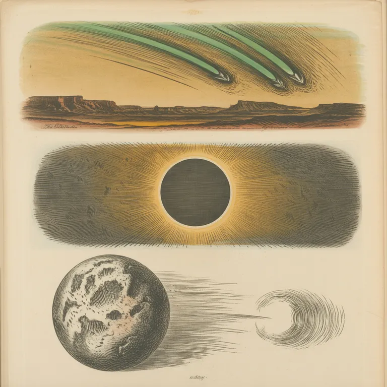 Engraving of a green fireball descending over a desert horizon, with star positions